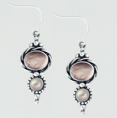 Sterling Silver Drop Dangle Earrings With Rose Quartz And Cultured Freshwater Pearl